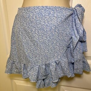Blue Floral Wrap Skirt/Shorts with Ruffle Hem